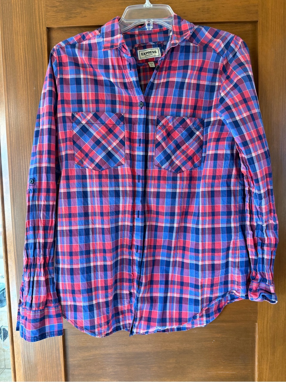Express  Pink & Blue Plaid Button-Up Shirt
